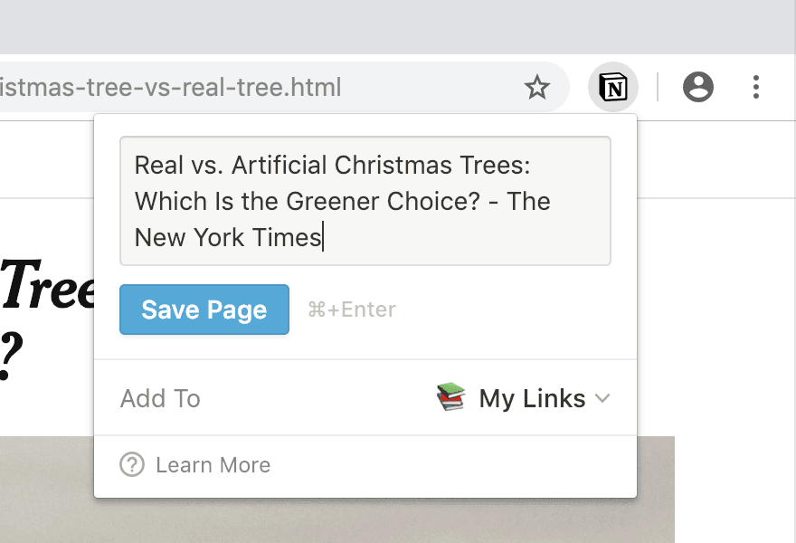 Screenshot des Notion Web Clipper in einem Browser beim Speichern einer Seite
