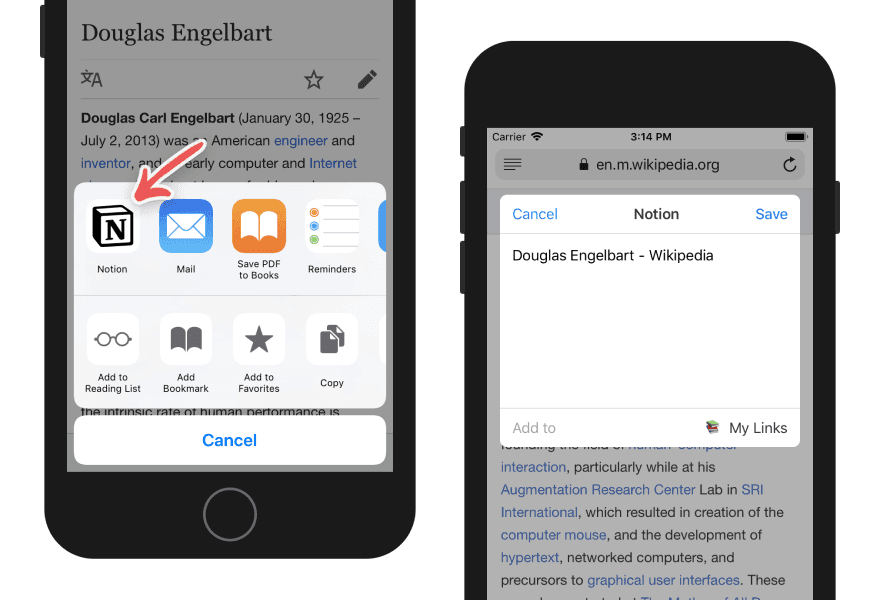 Screenshot des Notion Web Clipper auf iOS in einem Freigabemenü beim Speichern einer Seite