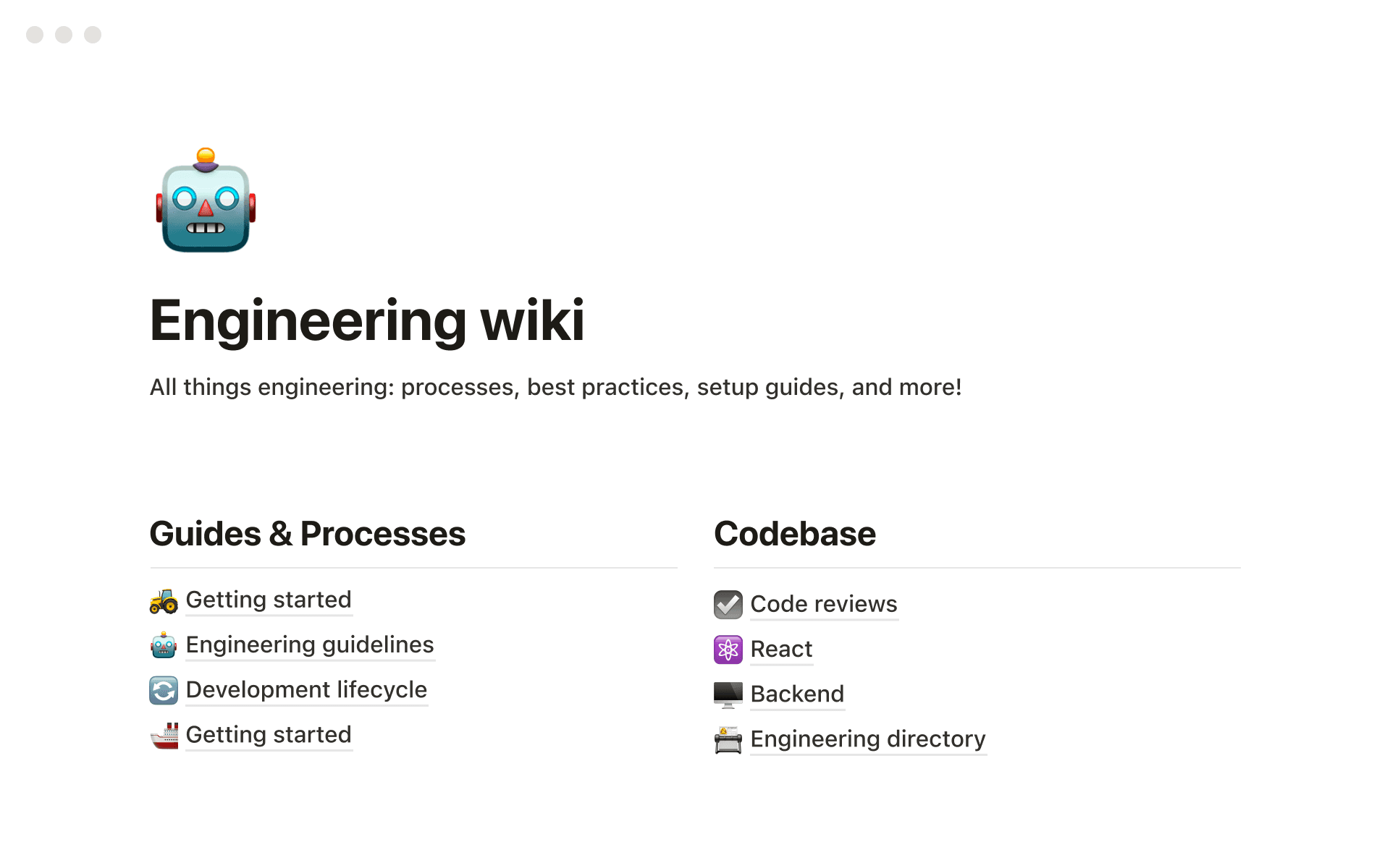 Captura de pantalla de un espacio de trabajo de Notion con una wiki de Desarrollo